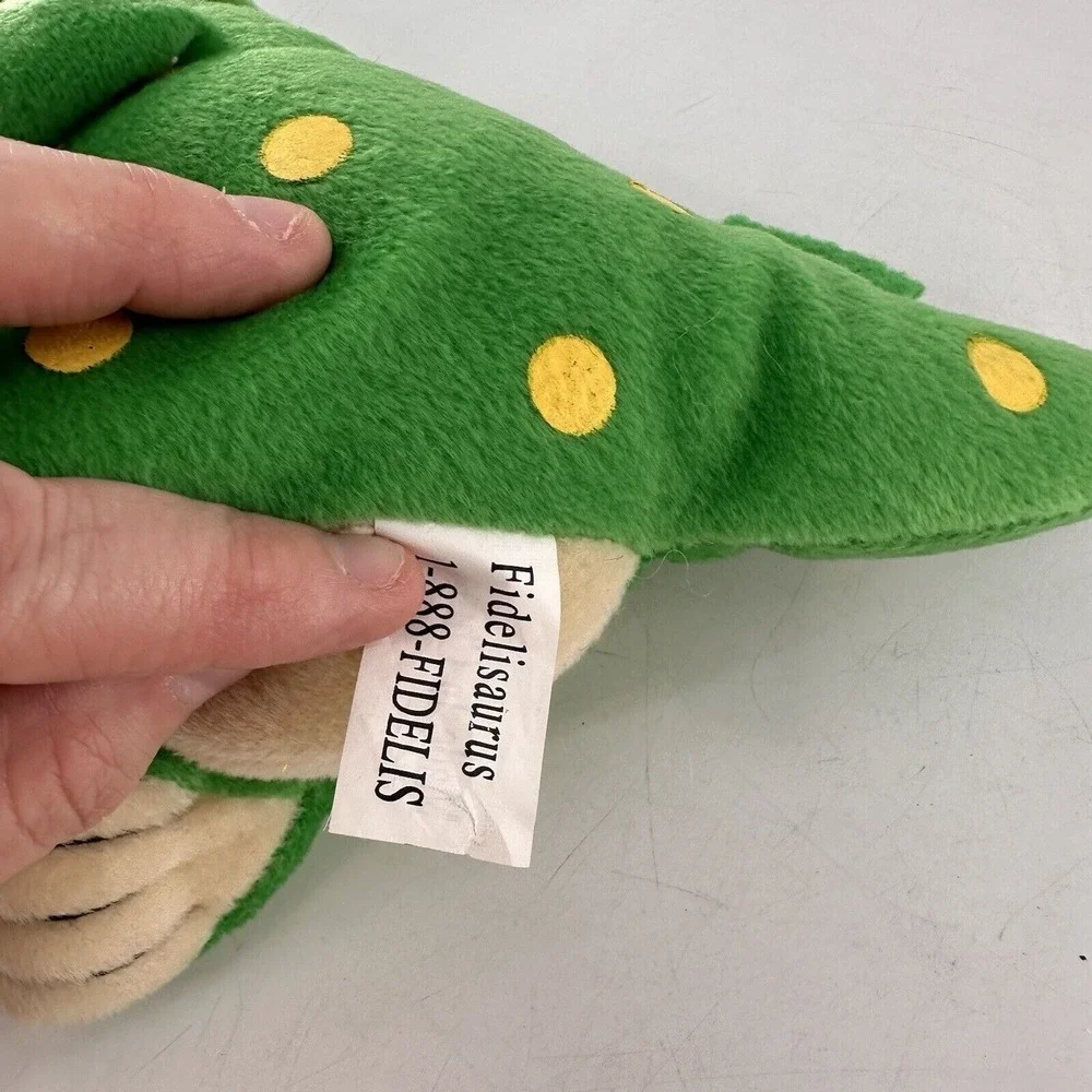 Fidelis Care Green Dinosaur Plush Stuffed Toy With Yellow Horn & Polka Dots 9